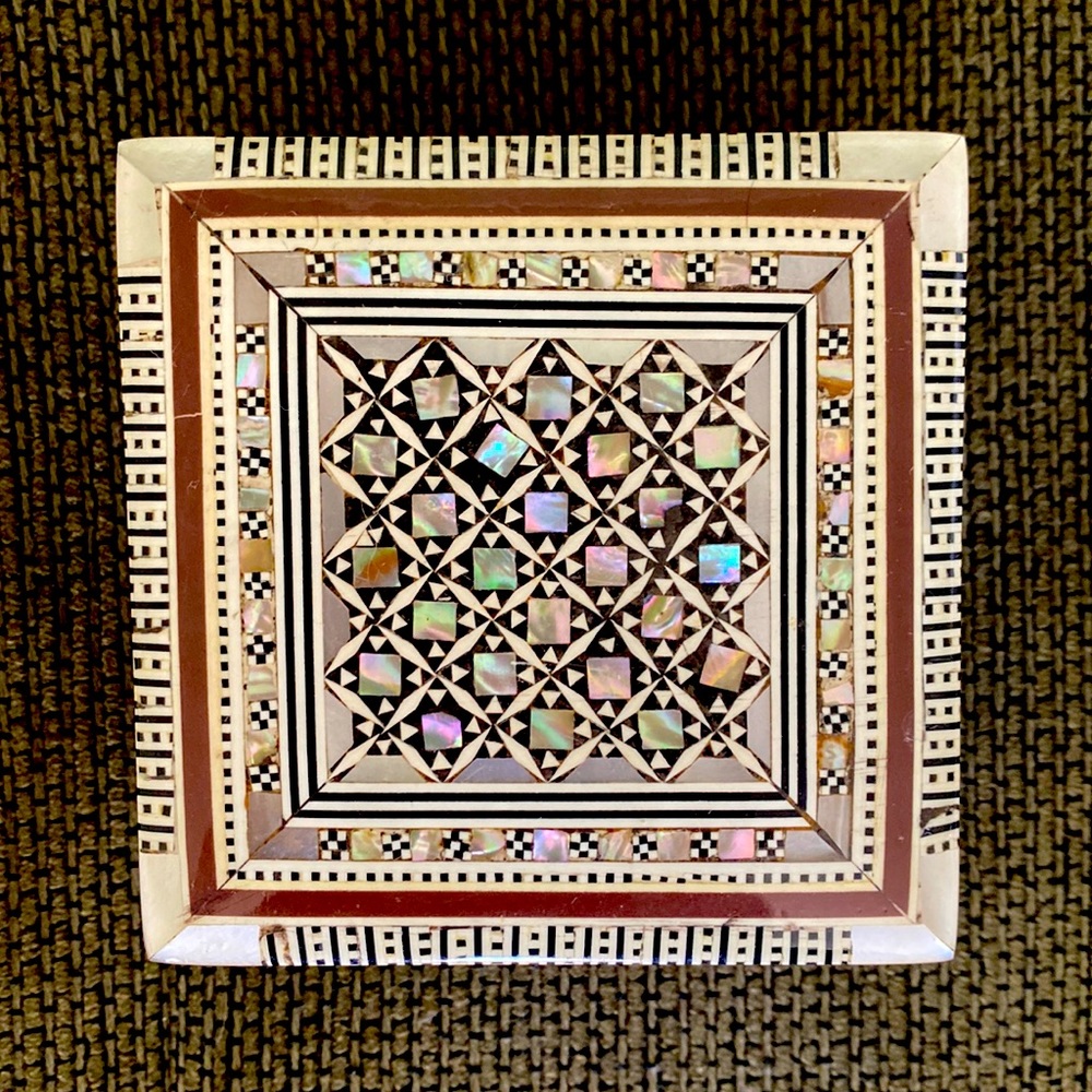 Mother of Pearl Inlaid and lacquered Egyptian jewelry box.